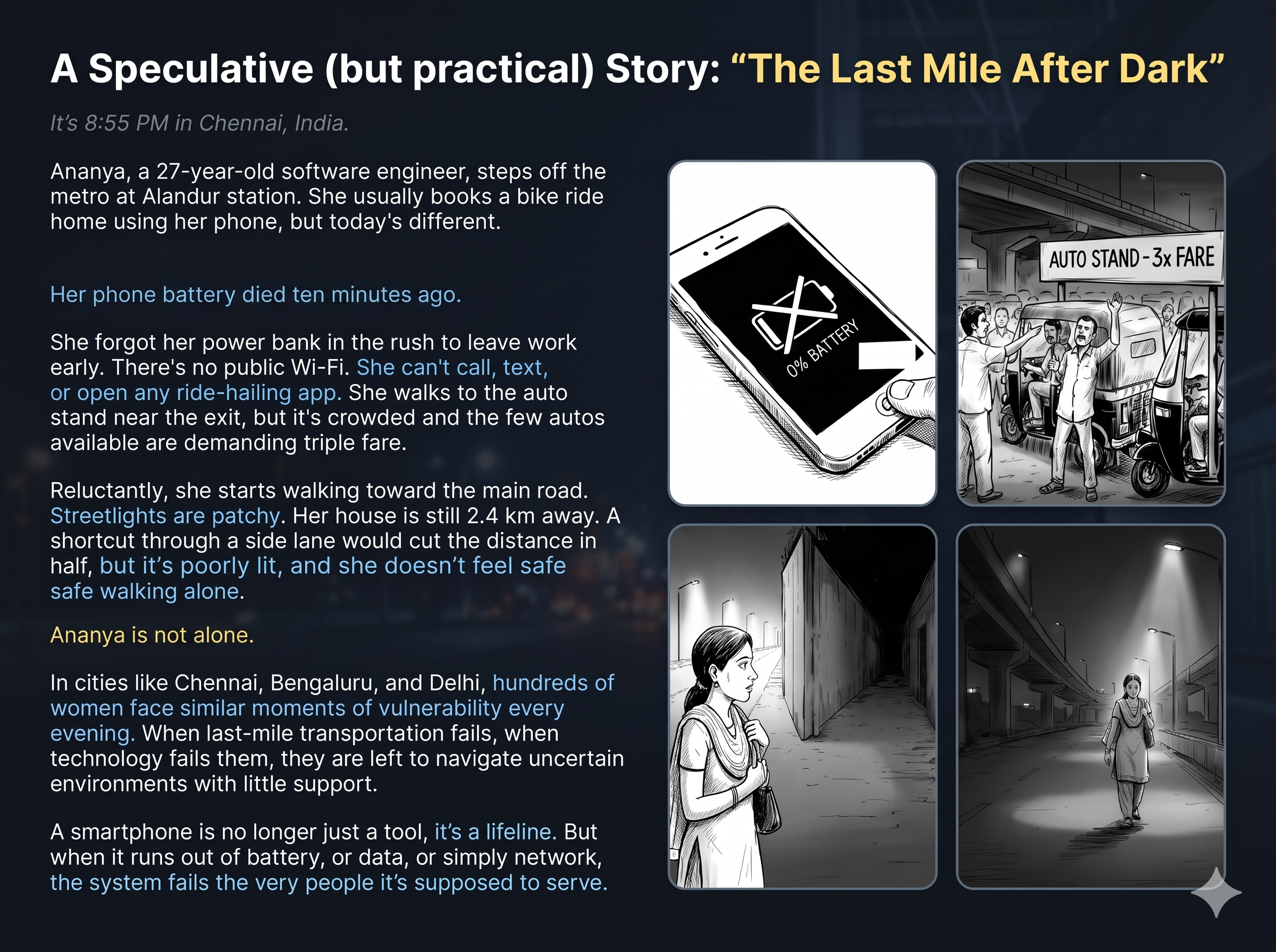 A comic strip following one commuter from the platform to the auto stand at night