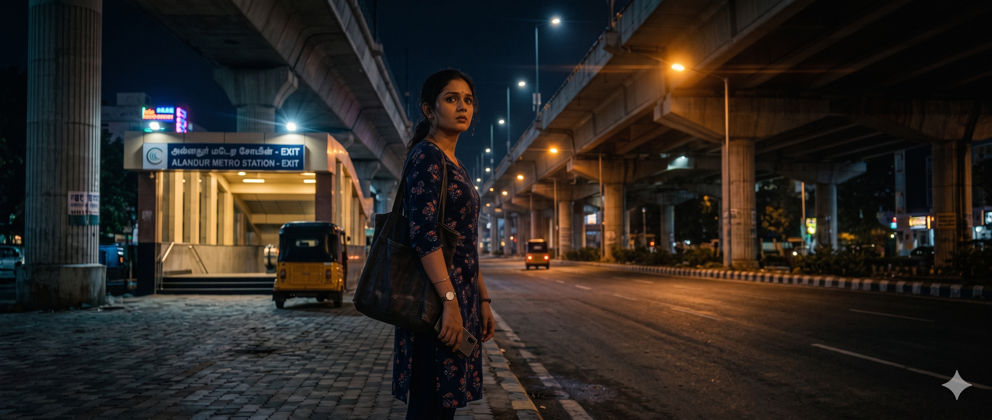 A commuter walking along a dim street at night