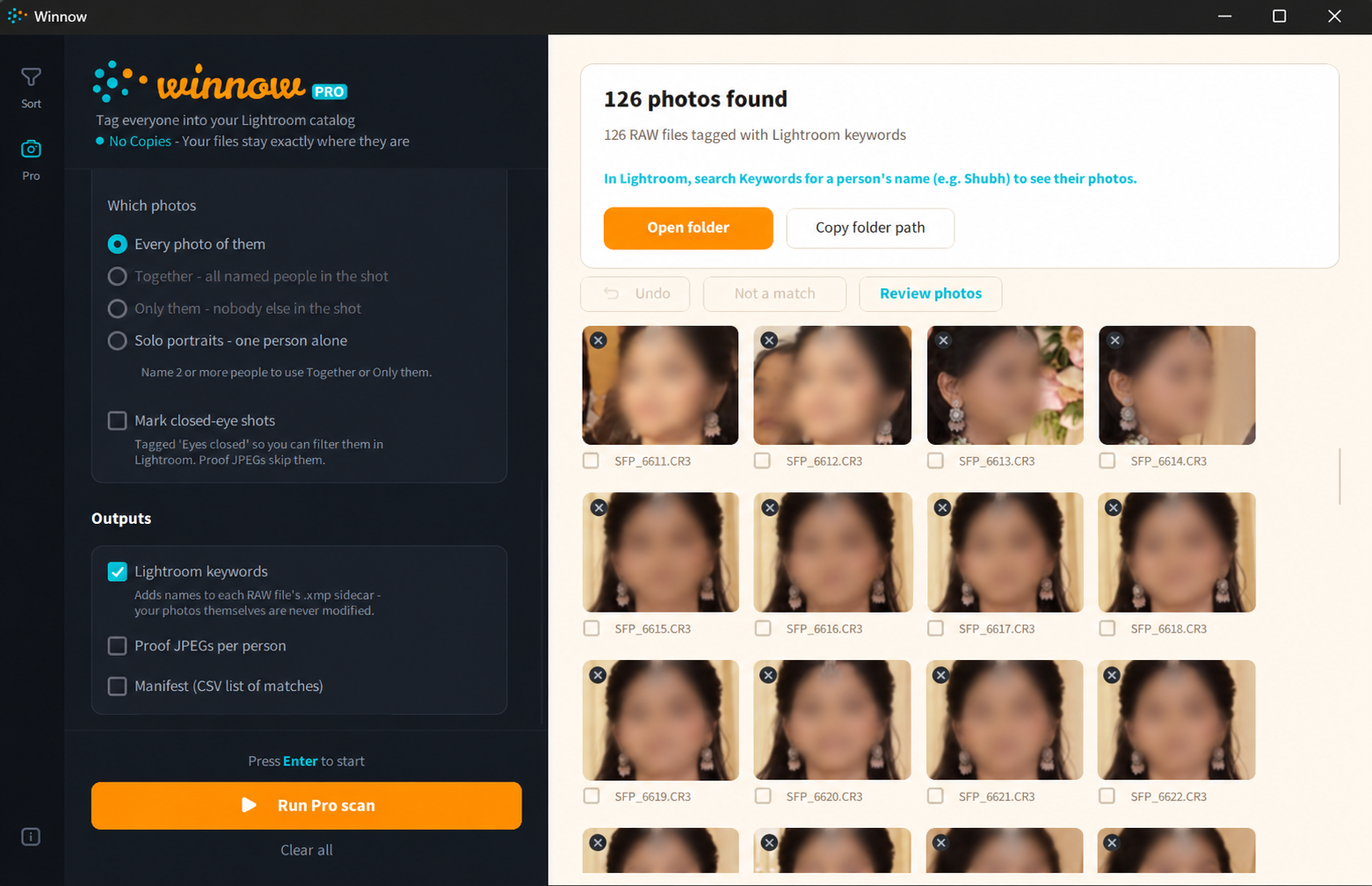 Winnow Pro's result page