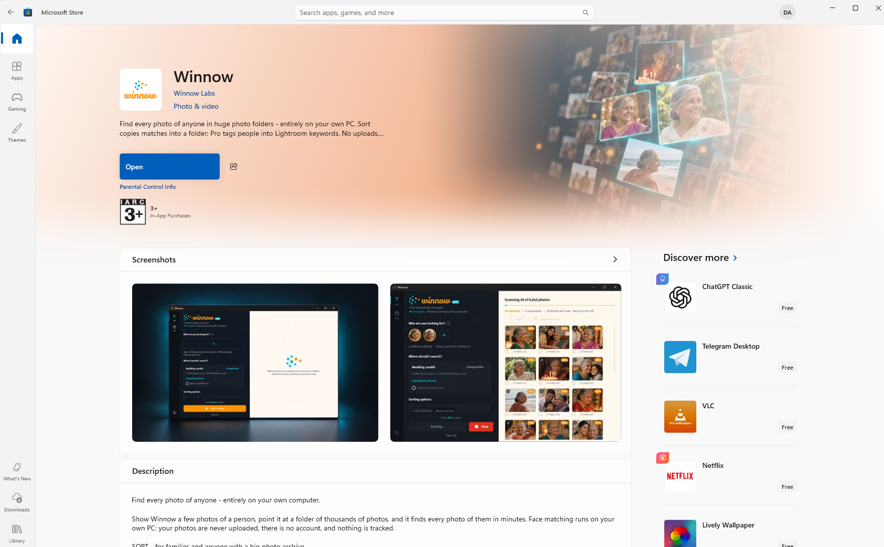 The Microsoft Store listing